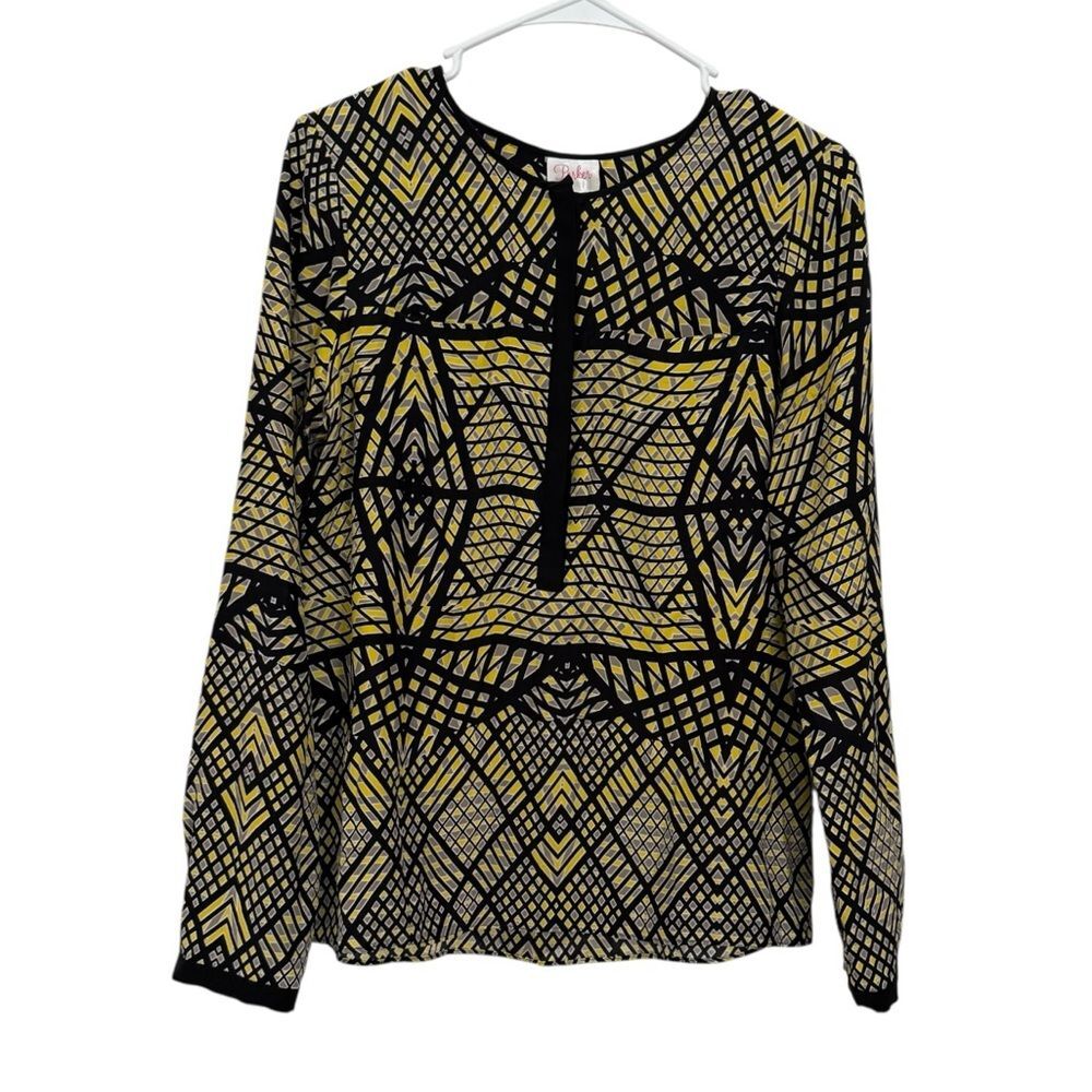 Parker  100% Black & Yellow Silk Geometric Print Blouse size Medium